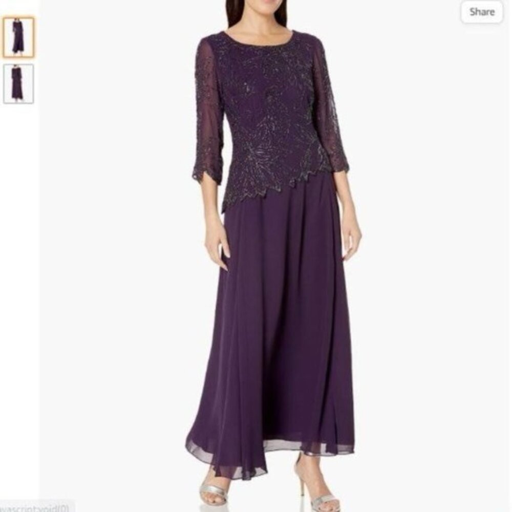 NWT J Kara Women's Petite Long Scoop Neck Asymetrical Beaded Dress, Plum